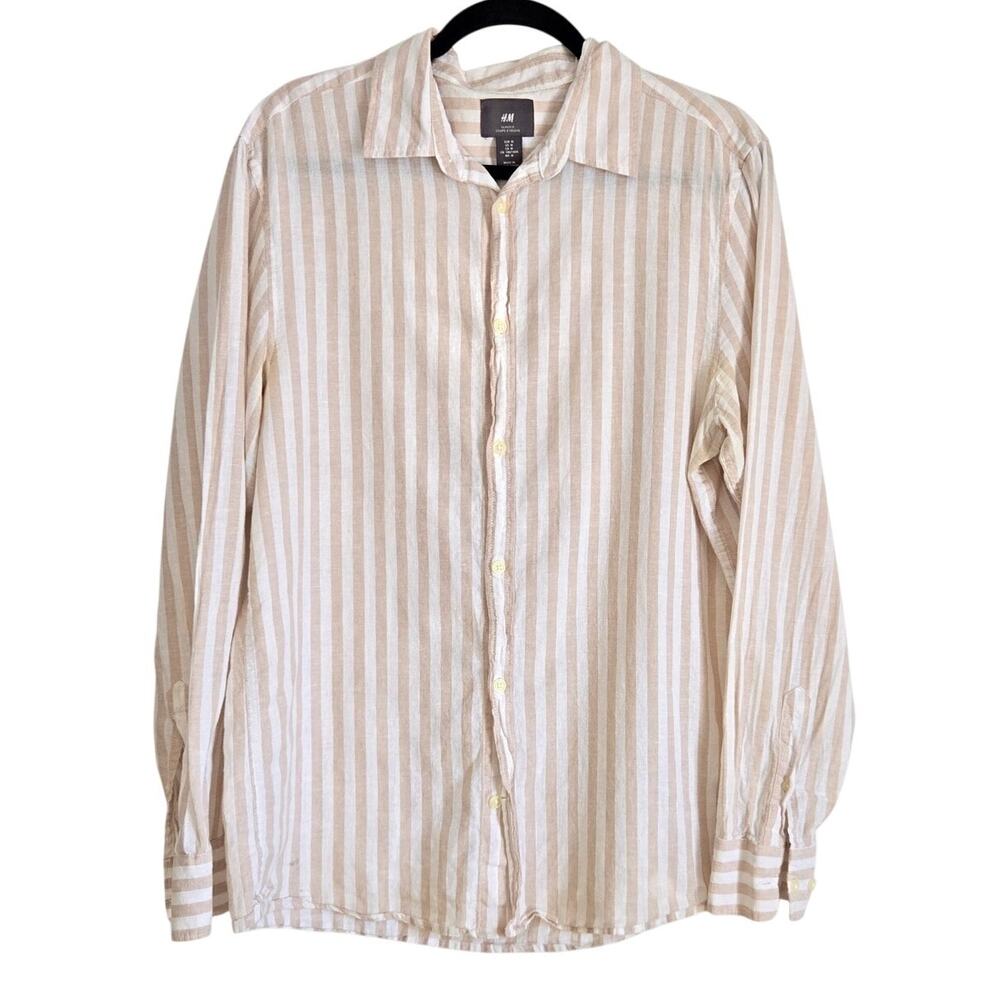 Summer Classic Neutral Minimalist Striped Linen Blend Slim Button Up Shirt M